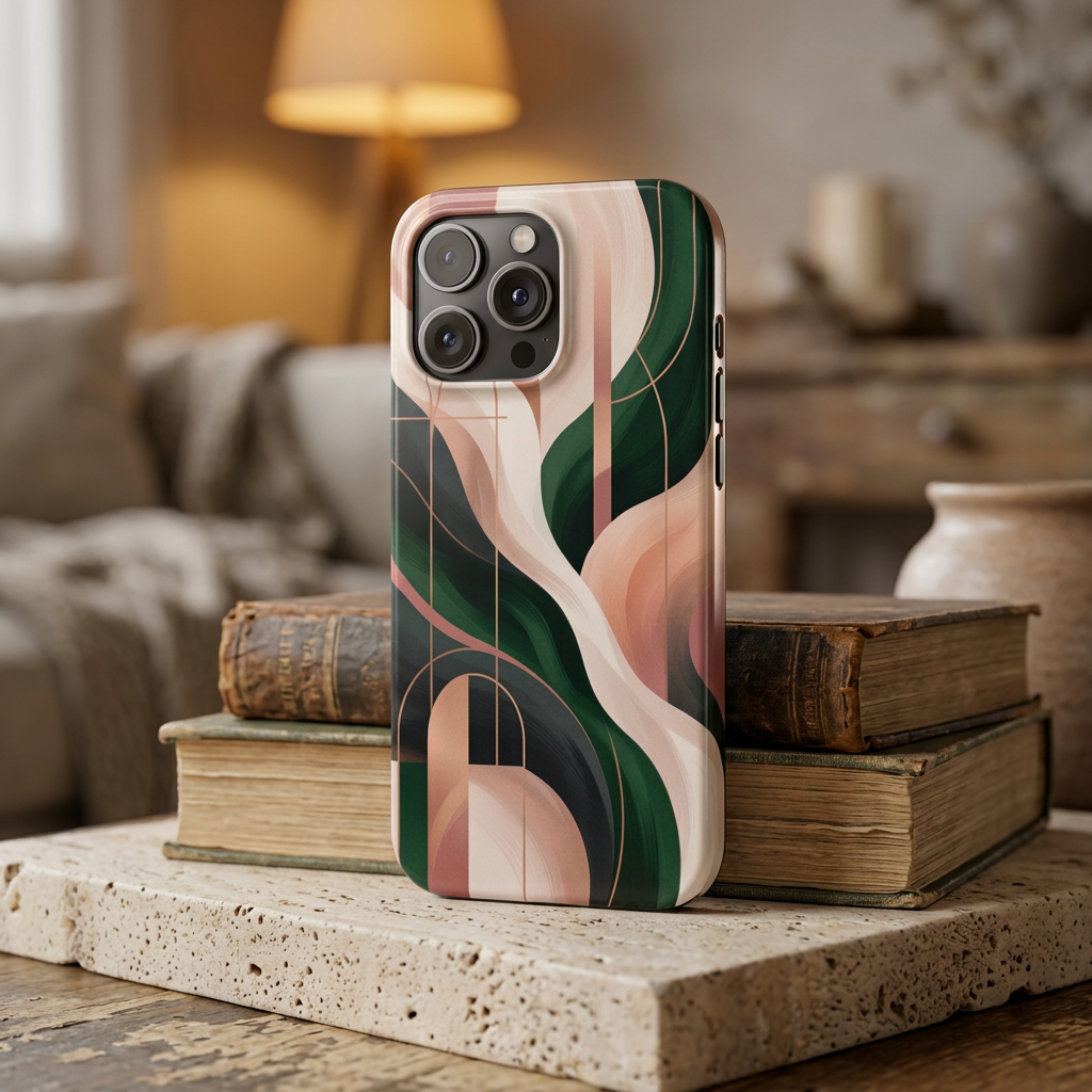 Tough Phone Case — Abstract Green & Blush Art Deco Design