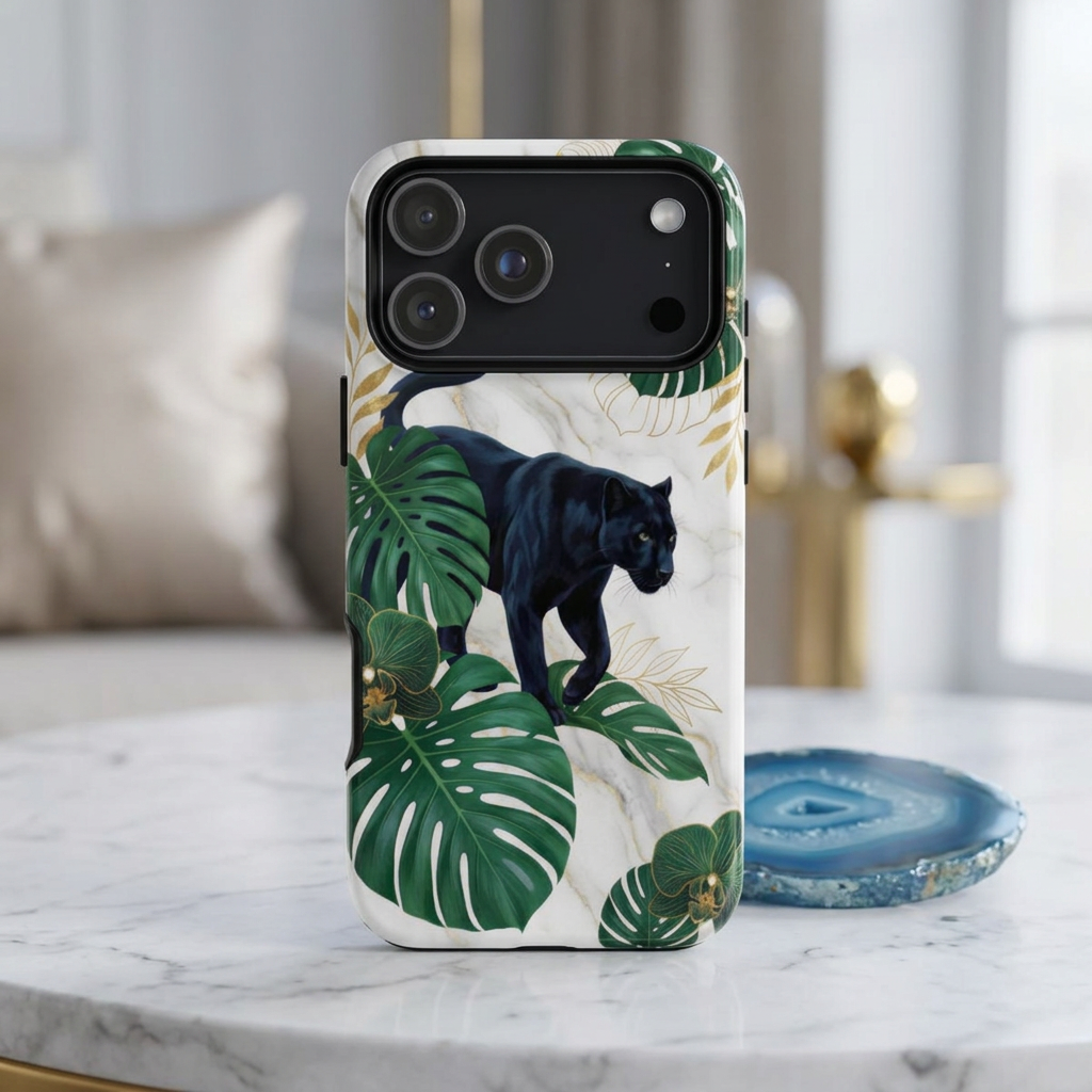 Panther Jungle Phone Case — Black Panther with Monstera Leaves Tough Phone Cover