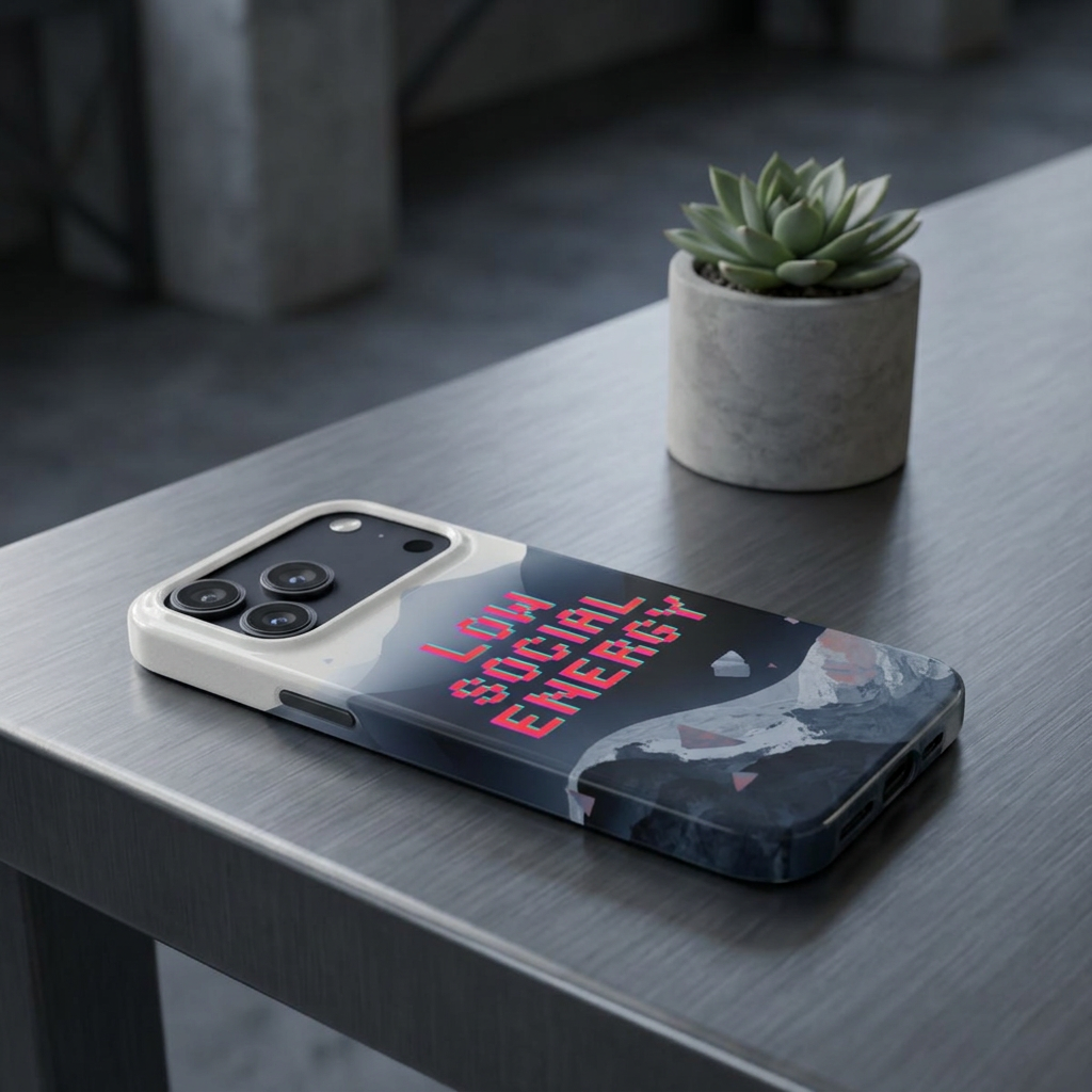 Low Social Energy Slim Phone Case — Retro Pixel Text Mountain Design