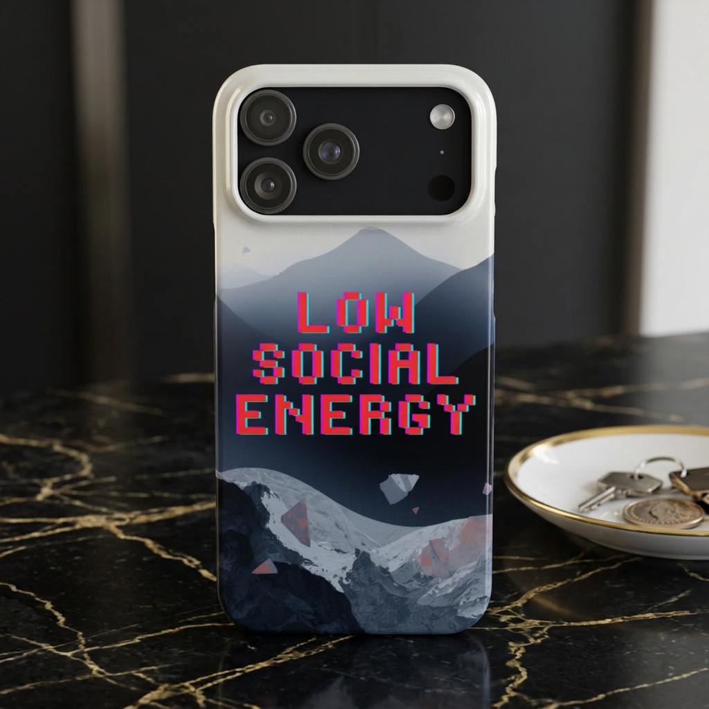 Low Social Energy Slim Phone Case — Retro Pixel Text Mountain Design