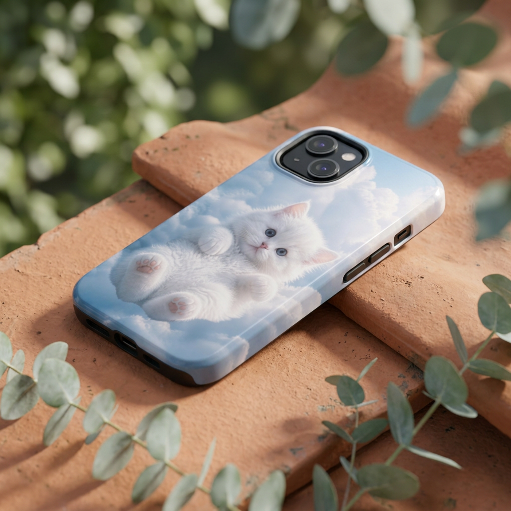 Phone Case — Cute White Kitten Floating on Clouds, Magnetic Impact‑Resistant Protective Cover