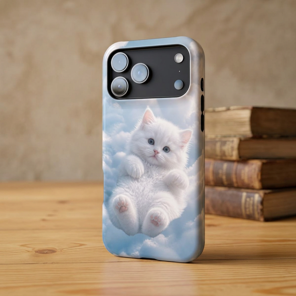 Phone Case — Cute White Kitten Floating on Clouds, Magnetic Impact‑Resistant Protective Cover