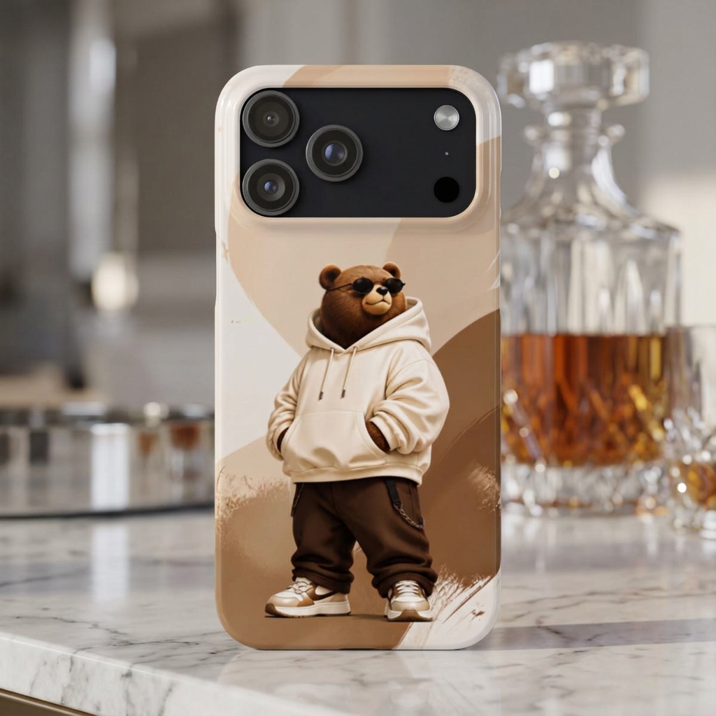 Cool Bear Hoodie Slim Phone Case — Minimal Brown Bear Graphic